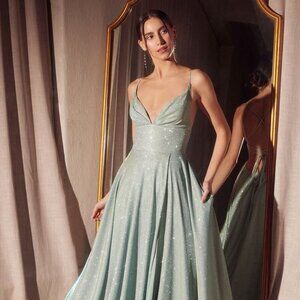 New Formal A-Line Glitter Prom Long Dress w/ Open Lace Up Back & V-Neck CD T214